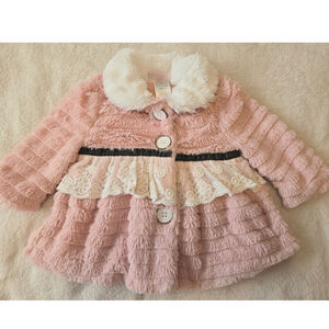 Sz 6-9 Mos. LITTLE LASS Pink Black Faux Fur Lace Collar Velvet Ribbon Coat